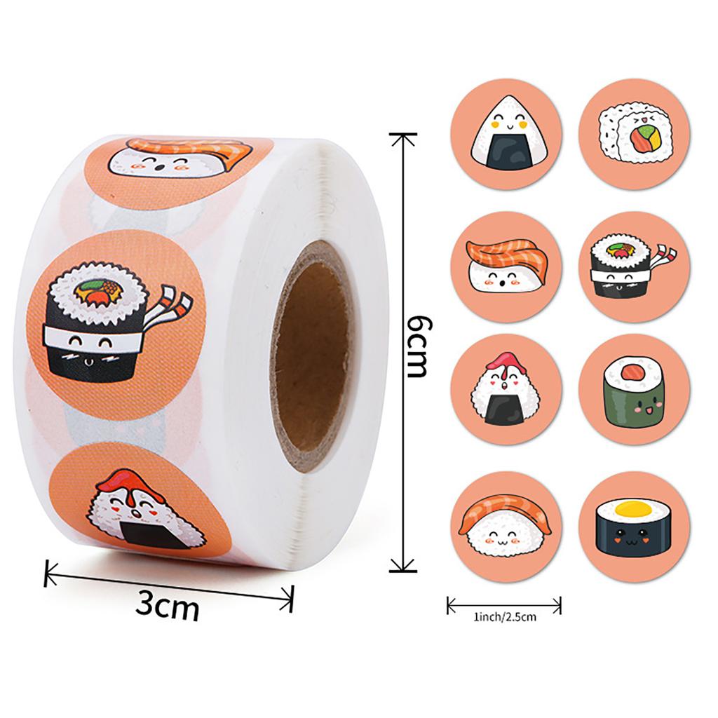 500Pcs/Roll 2.5Cm/1Inch Circular Cute Cartoon Sushi Pattern Decorative Sticker Baked Dessert Lunch Box Label Decor Sticker
