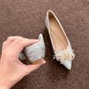 Franska Silver Pärla Strass Bröllopsballerinaskor Högklackade Skor Dold Klack Skor för Kvinnor