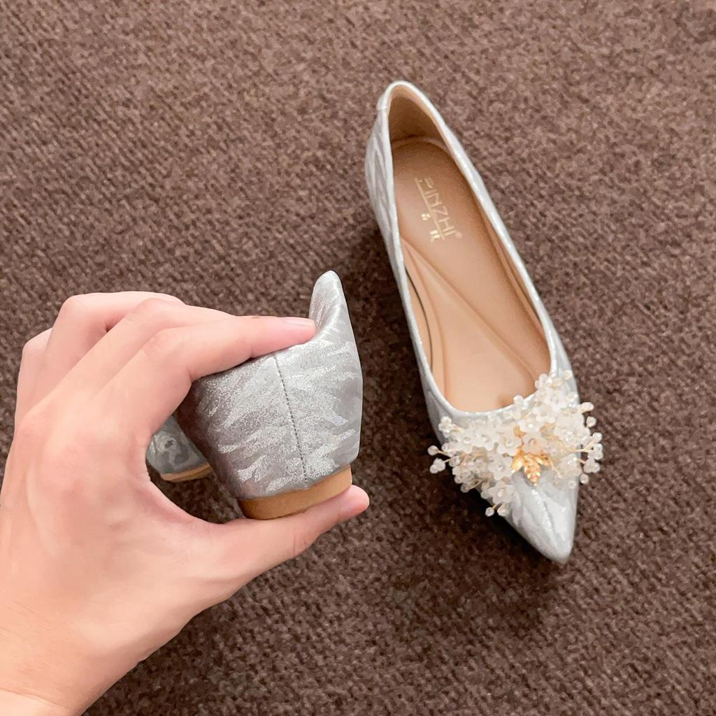 Franska Silver Pärla Strass Bröllopsballerinaskor Högklackade Skor Dold Klack Skor för Kvinnor