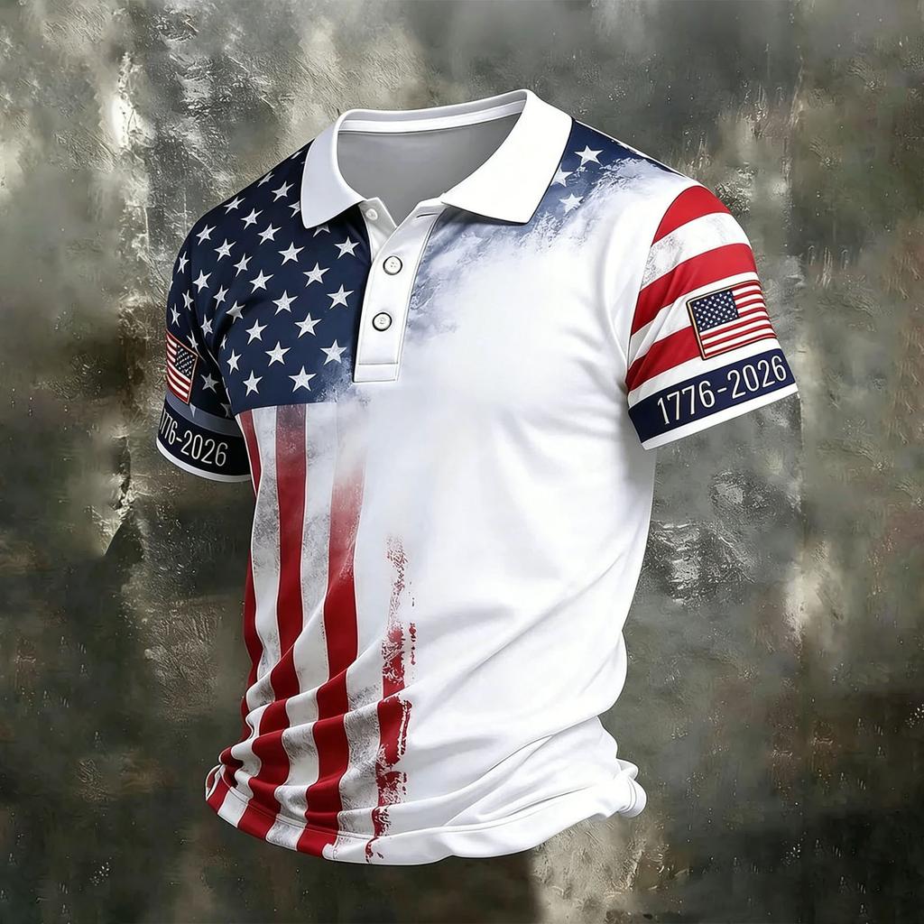 Men's Casual Quick Dry Mesh Golf Polo Shirt Short Sleeve Lightweight Breathable Button Down Top 1776-2026 Flag Print