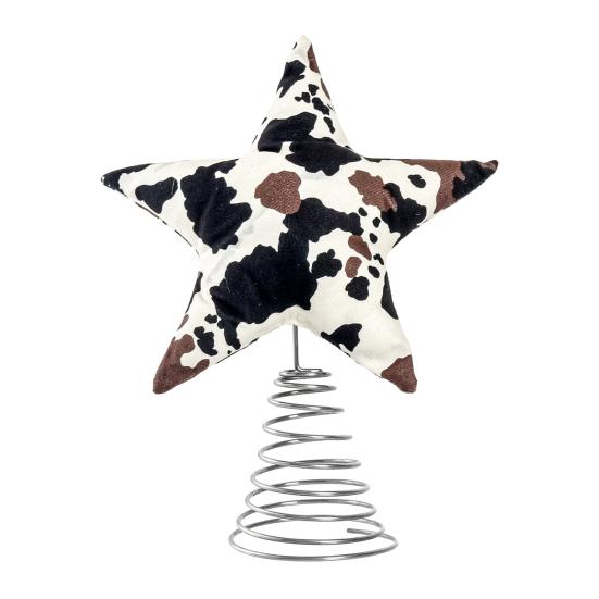 Soft Fabric Star Tree Topper Plush Star Christmas Treetop Ornament with Milk Cow Pattern for Farmhouse Holiday Home Decor
