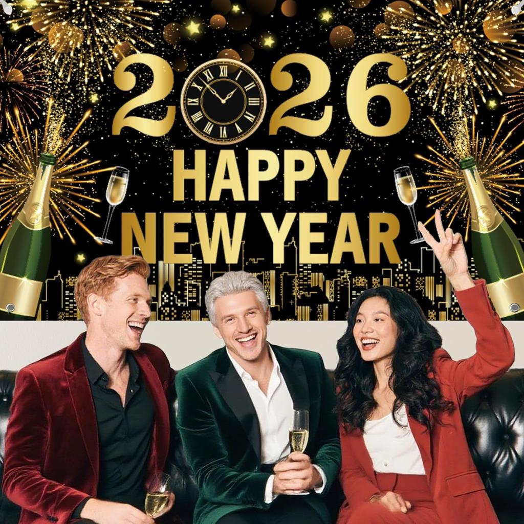 2026 Happy New Year Banner 5.9×3.6Ft Black and Gold 2026 New Year Backdrop for Eve Party Decorations Supplies Large Photo Backdrop Wall Decorations