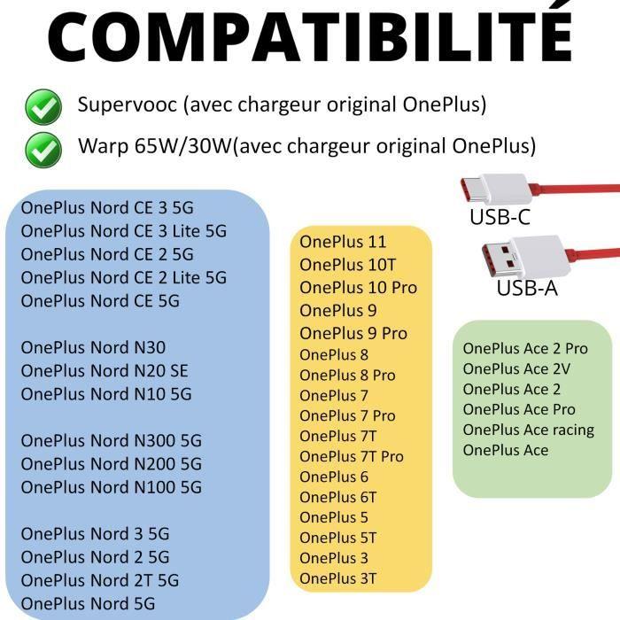 Lot 2 Cables charge rapide USB-C 1m pour OnePlus 11-10 Pro-8 Pro-8-7T Pro-6T-6-5T-Nord CE 3 Lite-Nord CE 2-Nord 2T-Ace Phonillico®