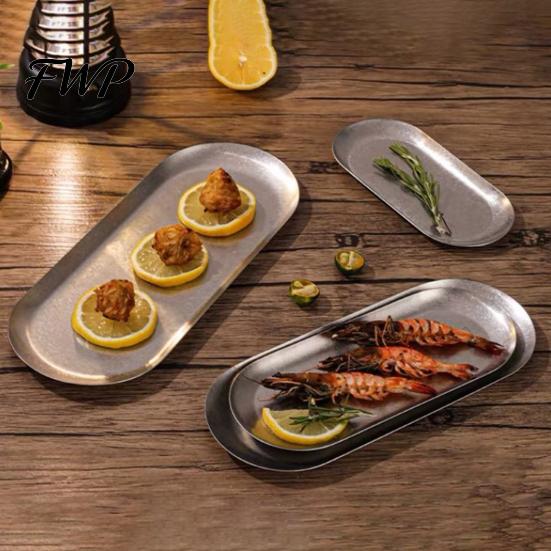 Portable Camping Plate Stainless Steel Serving Tray Retro Japanese Style Oval Dessert for Anti-grease Rustic Towel Holder Dish Home Kitchen Heavy Duty