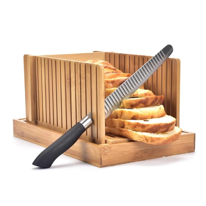 Hot Foldable Bamboo Wood Bread Slicer Cutter Toast Loaf Cutting Guide Slicing Maker for Homemade Cakes Bagels