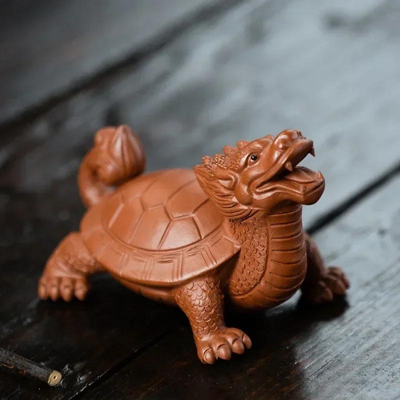 Yixing Purple Clay Art Tea Pet Lucky Dragon Turtle Statue Ornaments Animal Tea Figurine Sculpture Crafts Home Tea Set Decors 8X5.5X5CM