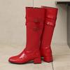 Red Black Women Knee High Boots Round Toe Mid Chunky Heels Small Big Size 32 46