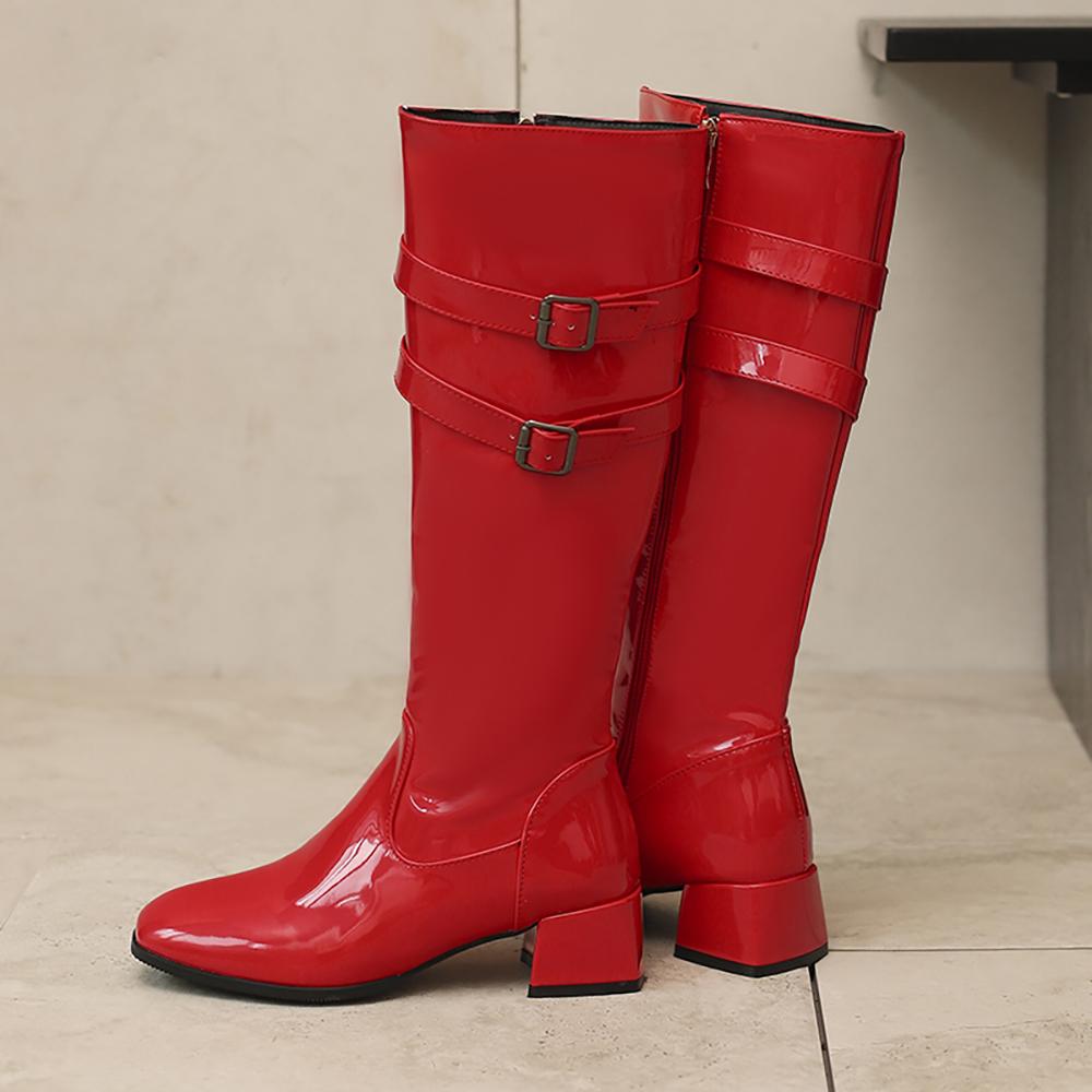 Red Black Women Knee High Boots Round Toe Mid Chunky Heels Small Big Size 32 46