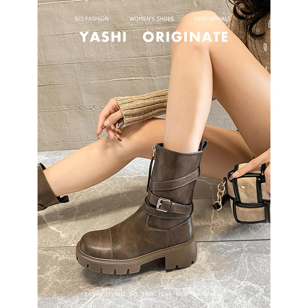 Retro Round Head Versatile Martin Boots Women's 2025 Autumn and Winter Explosion Thick-soled Thick Heel Maillard Medium Boots Short Boots