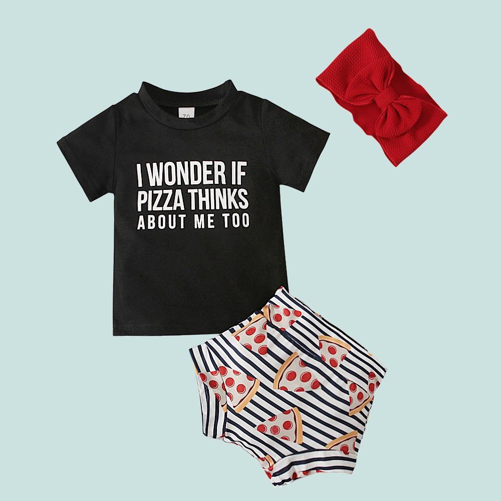 

Літня чорна футболка для дівчаток + шорти з принтом «Піца» + пов язка на голову 3 ШТ. Одяг Одяг для 0-24 місяців 100