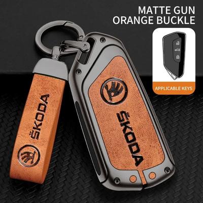 Car Zinc Alloy Leather Smart Remote Key Fob Case Cover Protector Shell For Skoda Octavia 4 8 A8   Keychain Accessories