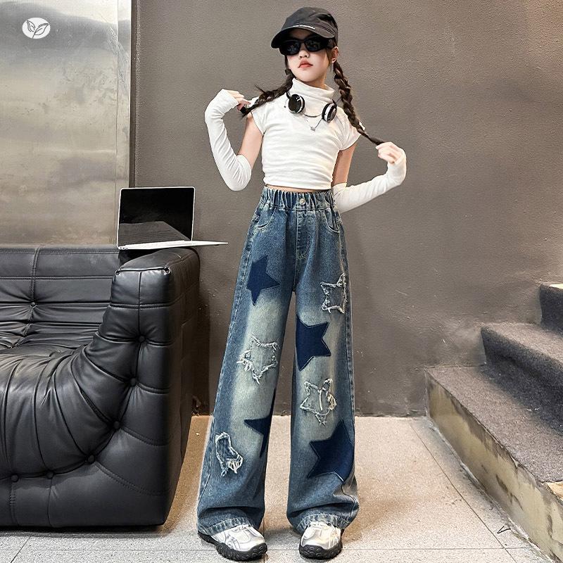 2025 Korean Style Girls' Wide-Leg Autumn Pants with Star Applique Embroidery