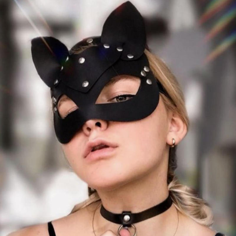 Black Rivet Cat Head Masks Half Face Role-playing Female Leather Masks Halloween Party Outfits And Accessories