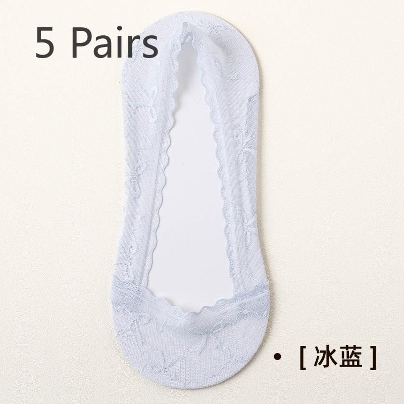 5 Pairs of Women's Spring/summer Lace Invisible Non Slip Pure Cotton Sweatwicking Boat Socks