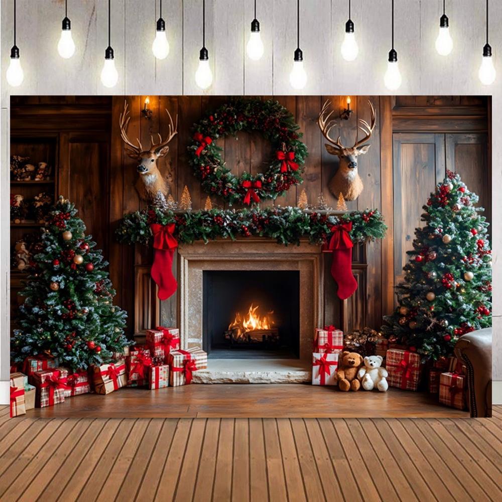 Retro Christmas Themed Photography Backdrop Toy Bears Gifts Xmas Tree Fireplace Interior Room Decor Photo Background Props