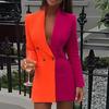 Lapel Long Sleeve Pockets Mid-Length Fashion Blazer Autumn Winter Sequins Contrast Color Stitching