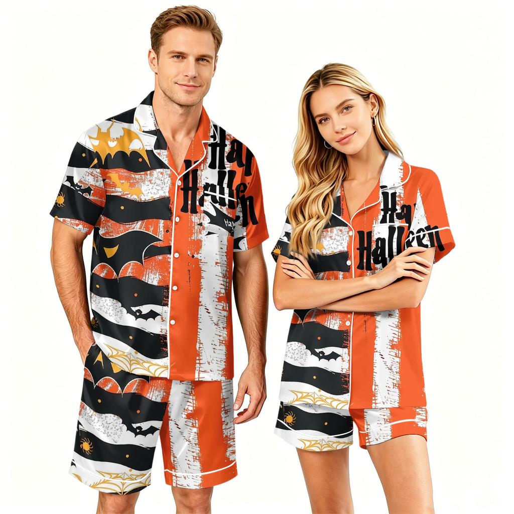 Couple Matching Halloween Pajama Set Short Sleeve Button Down Shirt with Hem and Shorts Set Soft Casual Sleepwear S To XXXXL