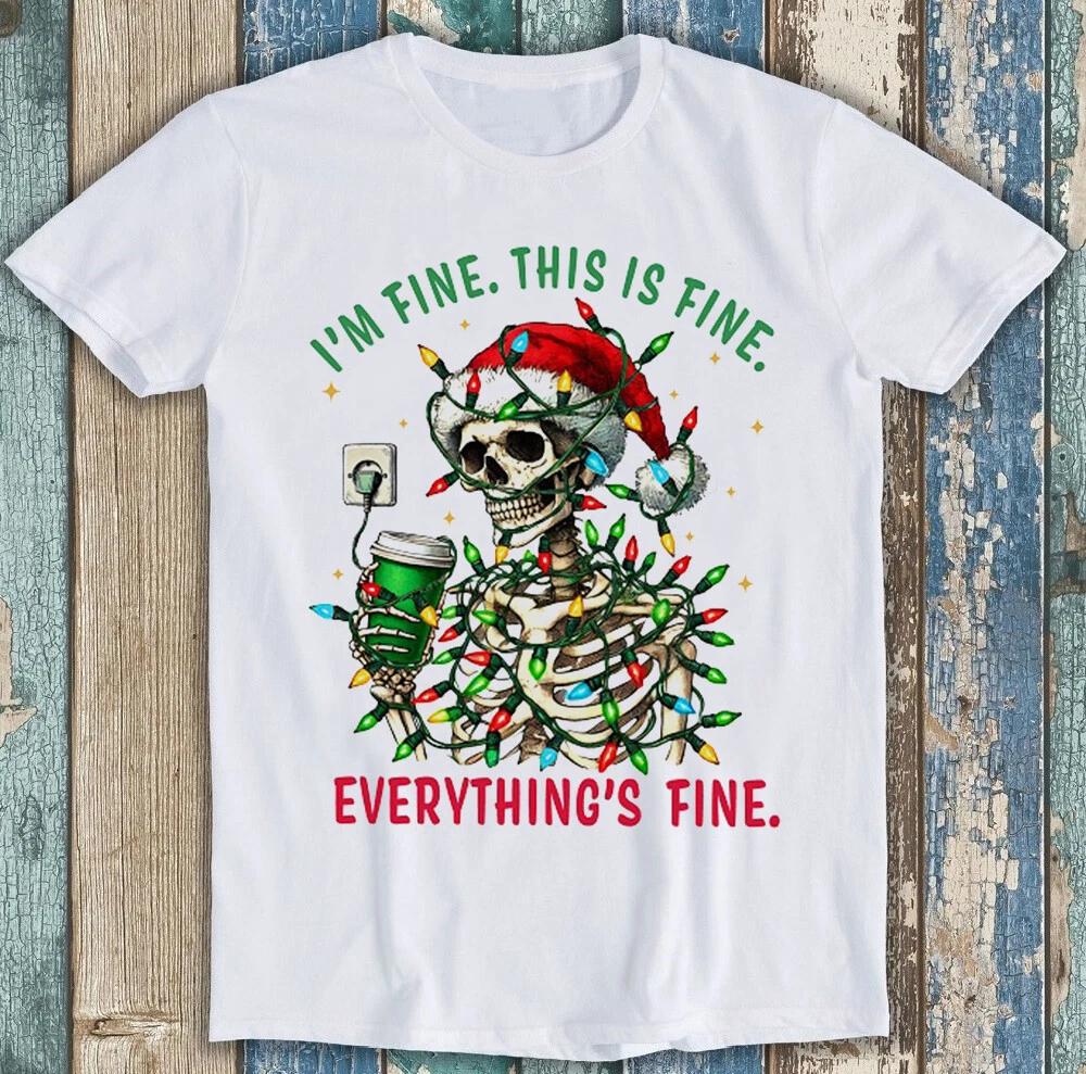 Christmas Skeleton Halloween Everyching Fine Fun Gift T-shirt Black T-shirt Comfortable and Sof