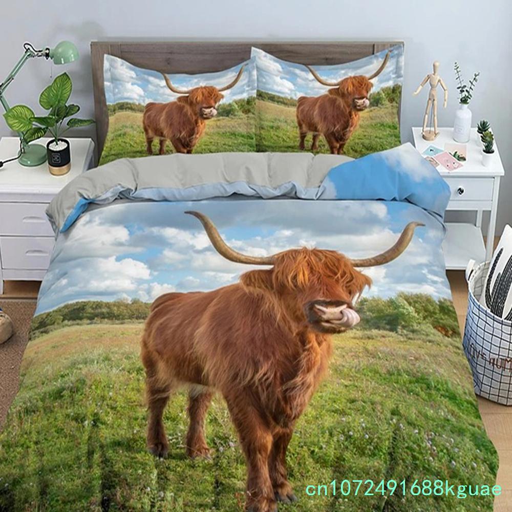 Zestaw poszewki na kołdrę Highland Scottish Cows Zwierzę Gospodarskie King Queen Pokrowiec na Kołdrę Dzikie Zwierzęta Zestaw Pościeli 2/3 szt. Poliestrowa Poszwa na Kołdrę