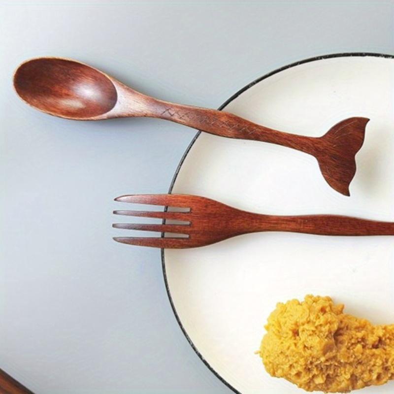 2PCS Marine Style Nanwood Fishtail Handle Wooden Spoon Fork Set Solid Wood Handmade Pattern Dessert Fruit Salad Fork Family Hotel Banquet Tableware