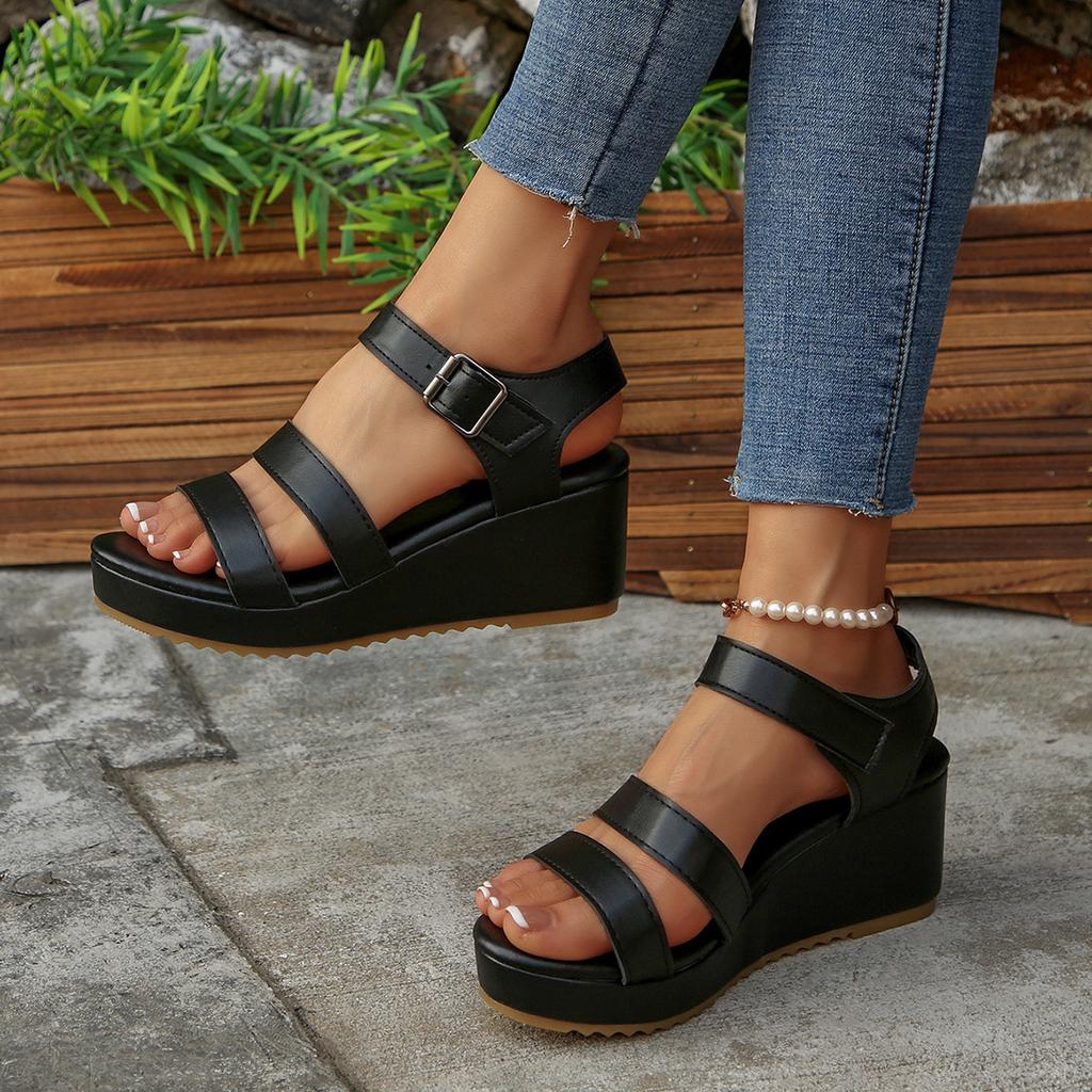 2025 neue Sandalen mit Keilabsatz mit Fischmaul für Damen, runde Zehenpartie, Schnalle, hochhackige Sandalen für Damen, atmungsaktive römische Einriemensandalen für Damen