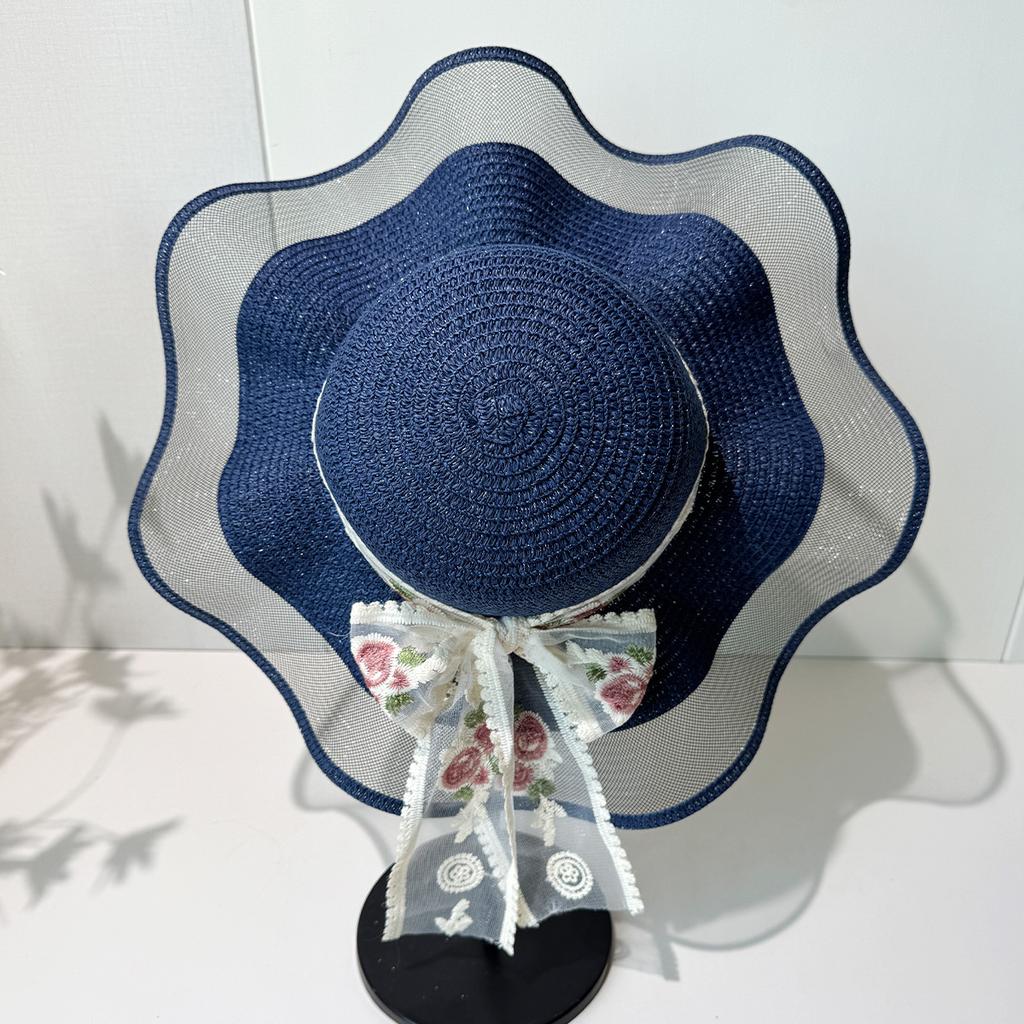 Wave edge flower woven straw hat women's summer seaside vacation sun hat large brim shading sun protection hat