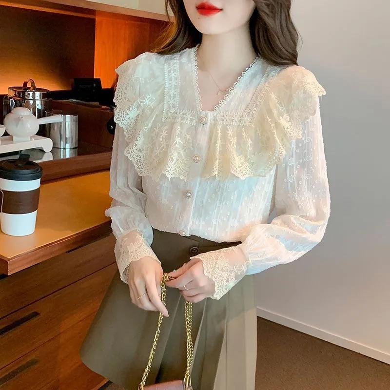 Spring Summer Vintage Women Shirts Lace Lolita Elegant Long Sleeve Flounce Blouse Office Lady Fashion