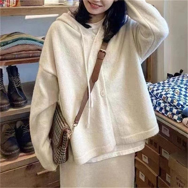 Autumn cardigan loose soft fashion lazy wind sweater jacket hooded knitted sweater top women