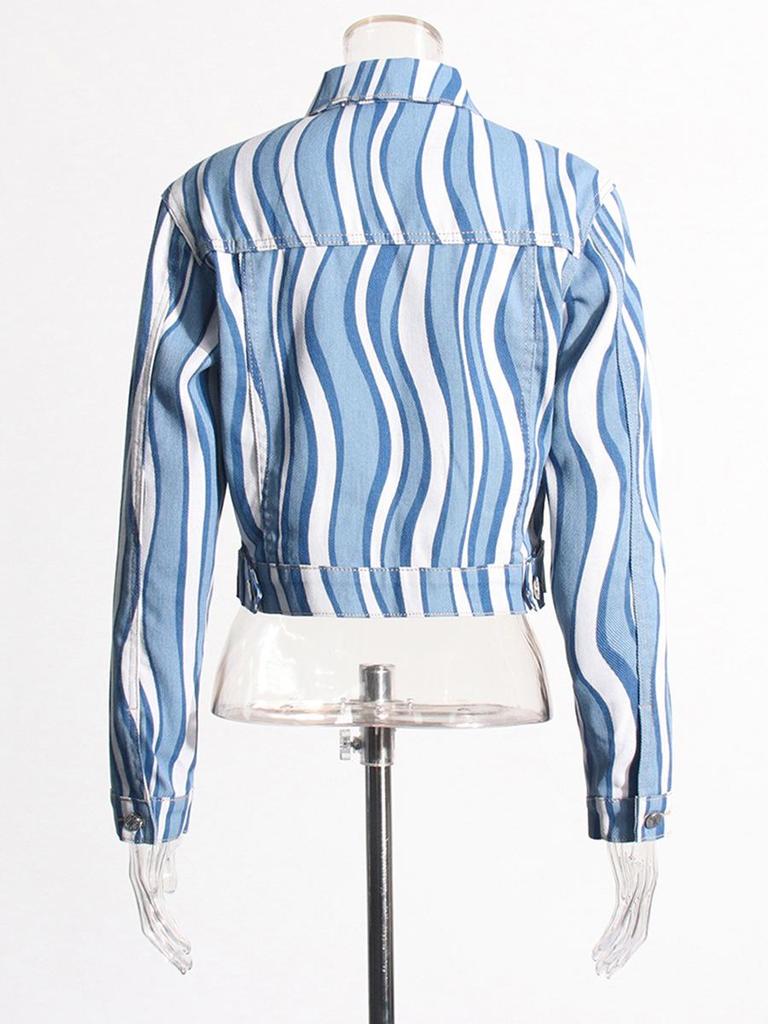 Spicy Girl Autumn 2026 Lapel Print Cropped Denim Jacket for Women