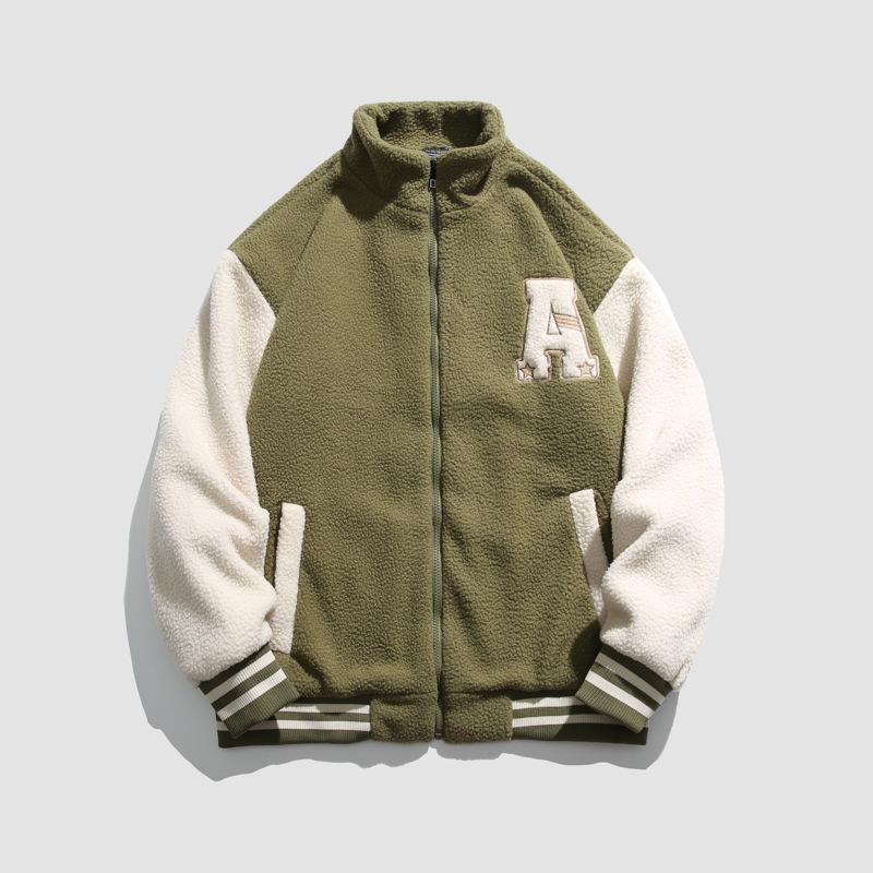 Lamb Fleece Baseball Jacket Men's New Autumn and Winter Warm Trendy Letter Embroidery Loose Casual Stand Collar Cotton Jacket