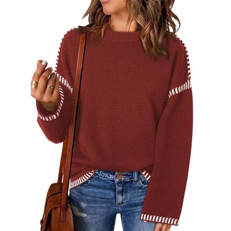 Autumn and Winter Solid Color Round Neck Loose Long Sleeved Contrasting Knitted Pullover Women's Sweaters