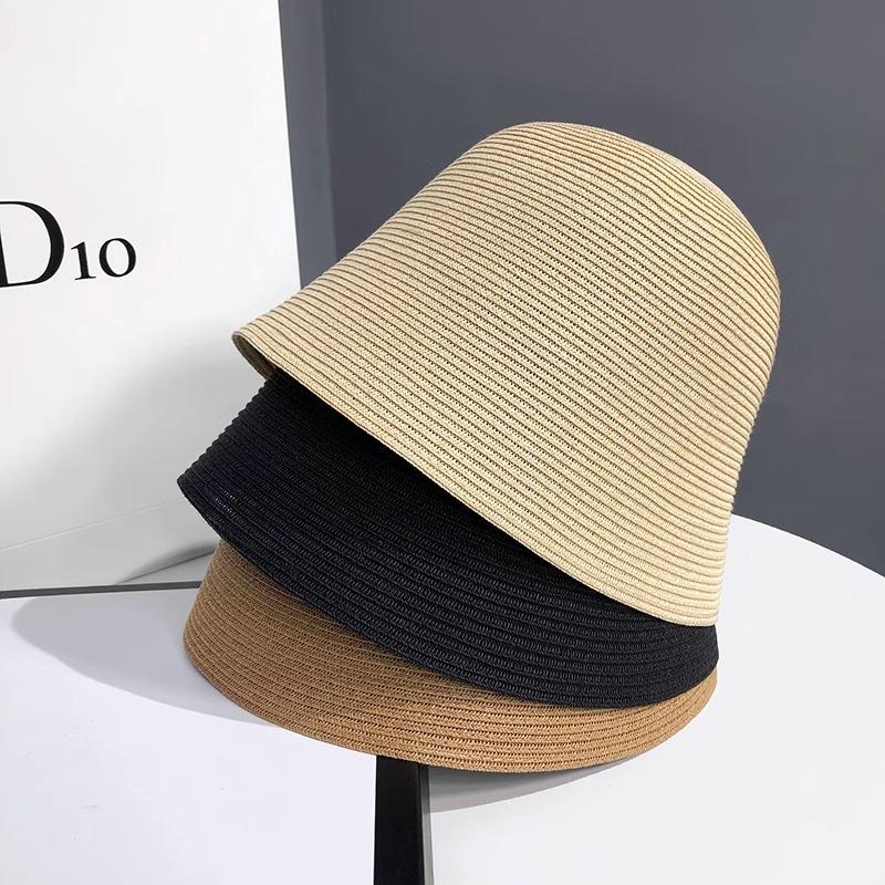 Straw breathable bucket hat Female Korean straw hat Versatile bucket hat Sunscreen sun hat Bell simple hat
