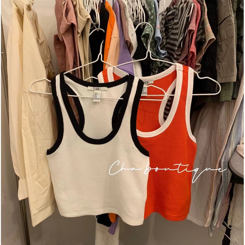 

Big Sale F21 American Cotton Color Matching Waffle Short Vest High Waist Orange (no refunds, retake S