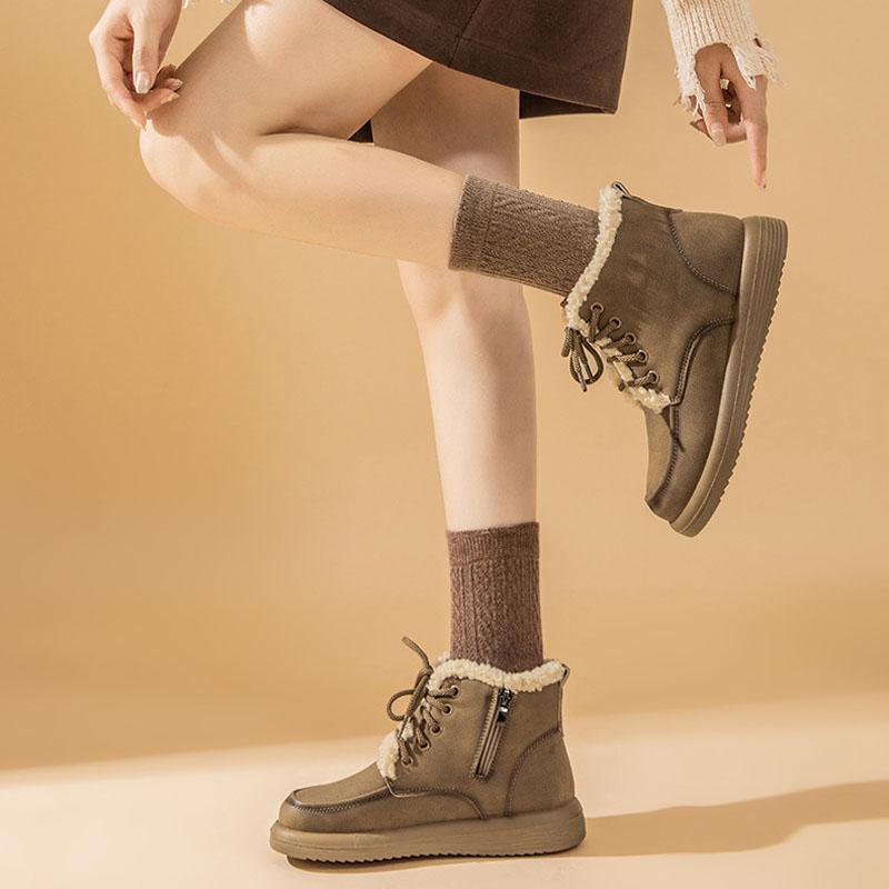 Women Snow Boots Genuine Leather Winter Boots Lace-up Lamb Wool Warm Winter Ladies Shoes Round Toe Flat Short Boots WSH5243