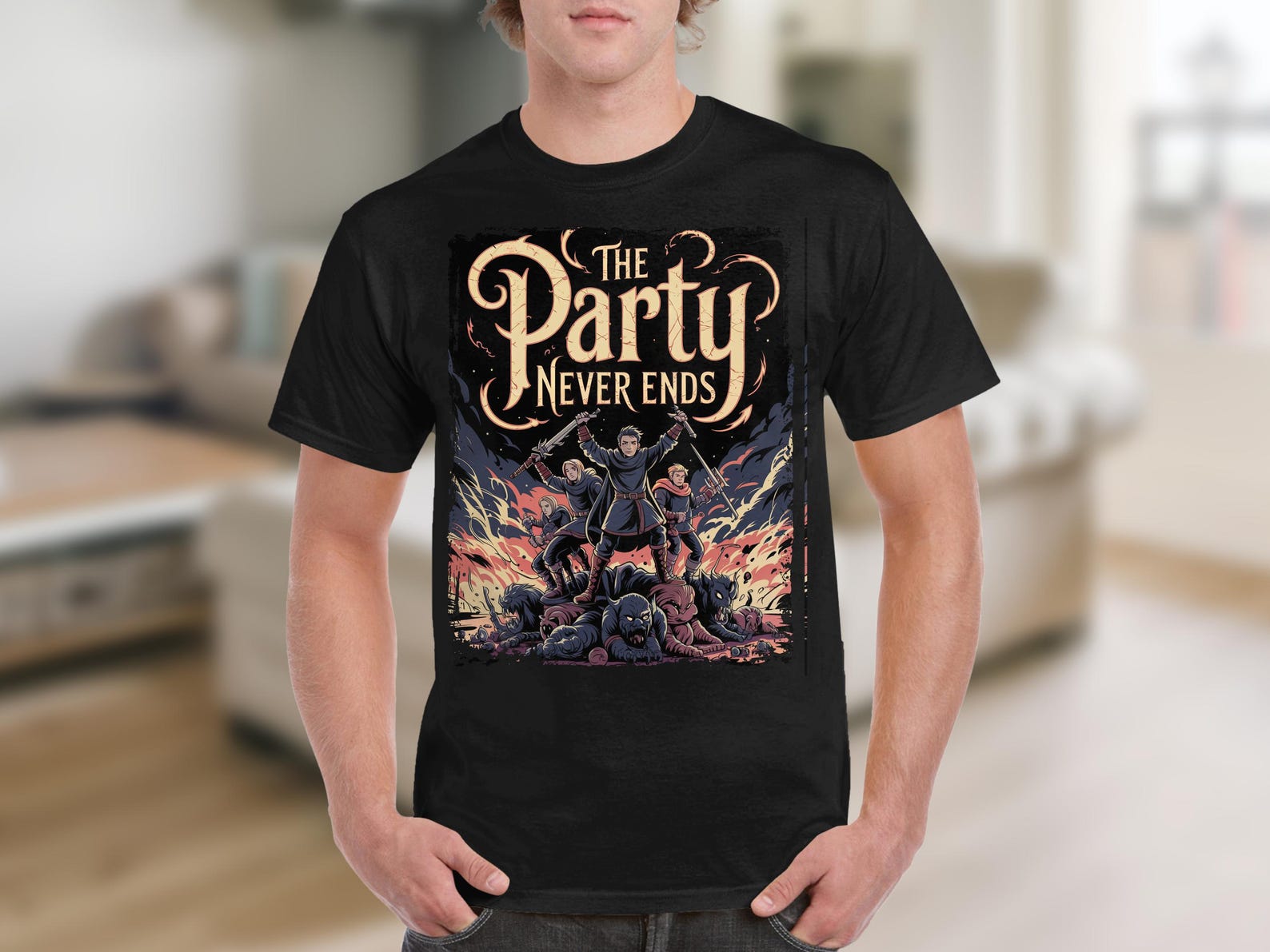 DnD The Party Never Ends Graphic Tee, Fantasy RPG Shirt, Dungeons Dragons Inspired T-Shirt, Tabletop Gaming Apparel, Geek Gamer Gift XL
