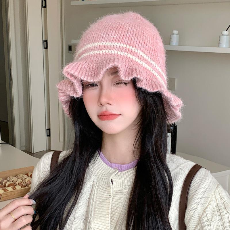Japanese Autumn and Winter Hats for Women with Velvet Rabbit Fur Warm Hat Versatile Windproof Ear Protection Knitted Hat Lace Wool Hat