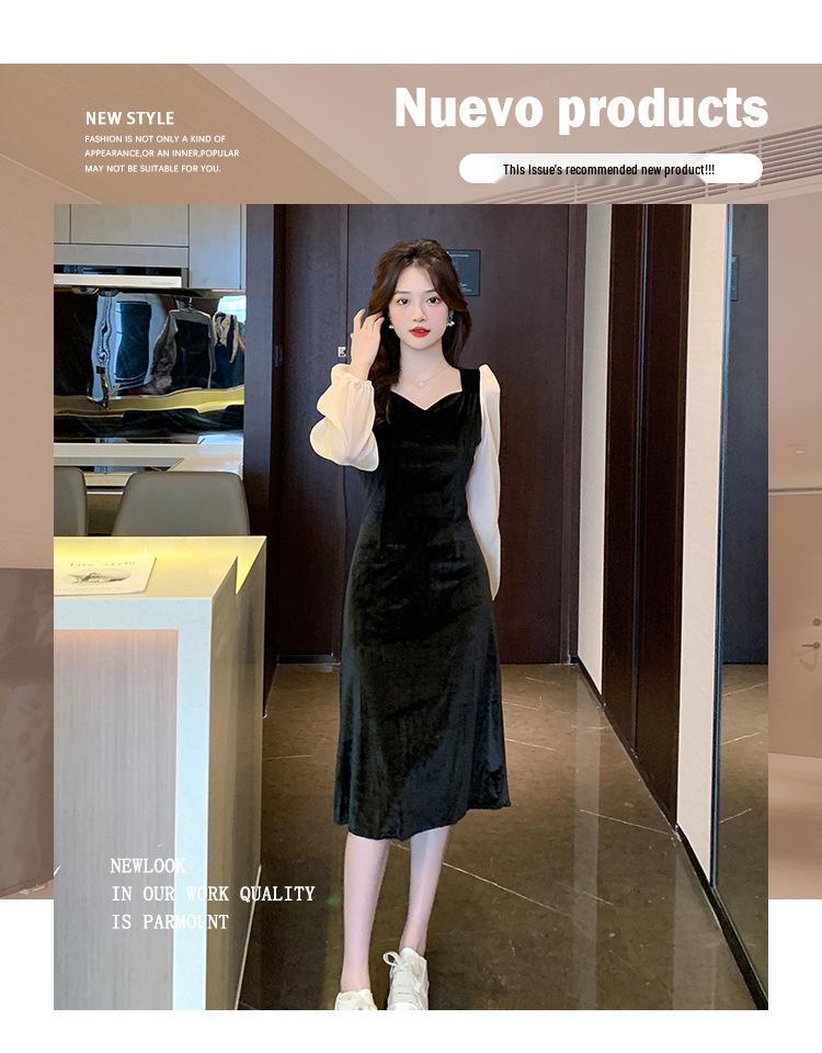 Autumn V-neck Velvet Patchwork Lantern Sleeve Floor-length Cinched Waist Retro Hepburn Dress