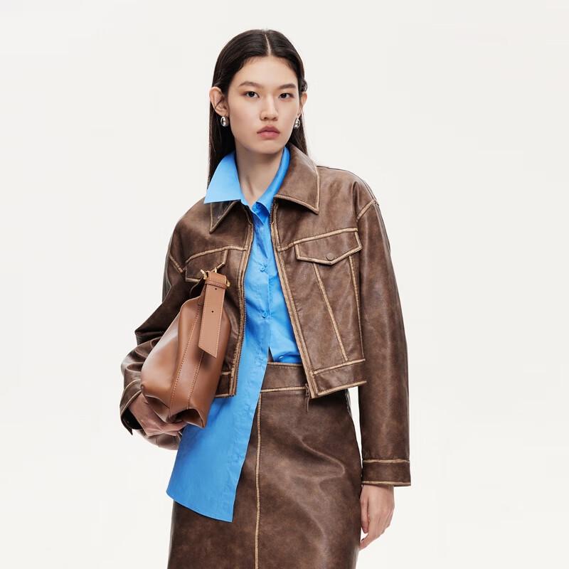 VEROMODA Women's Lapel Contrast Stitch Faux Leather Jacket