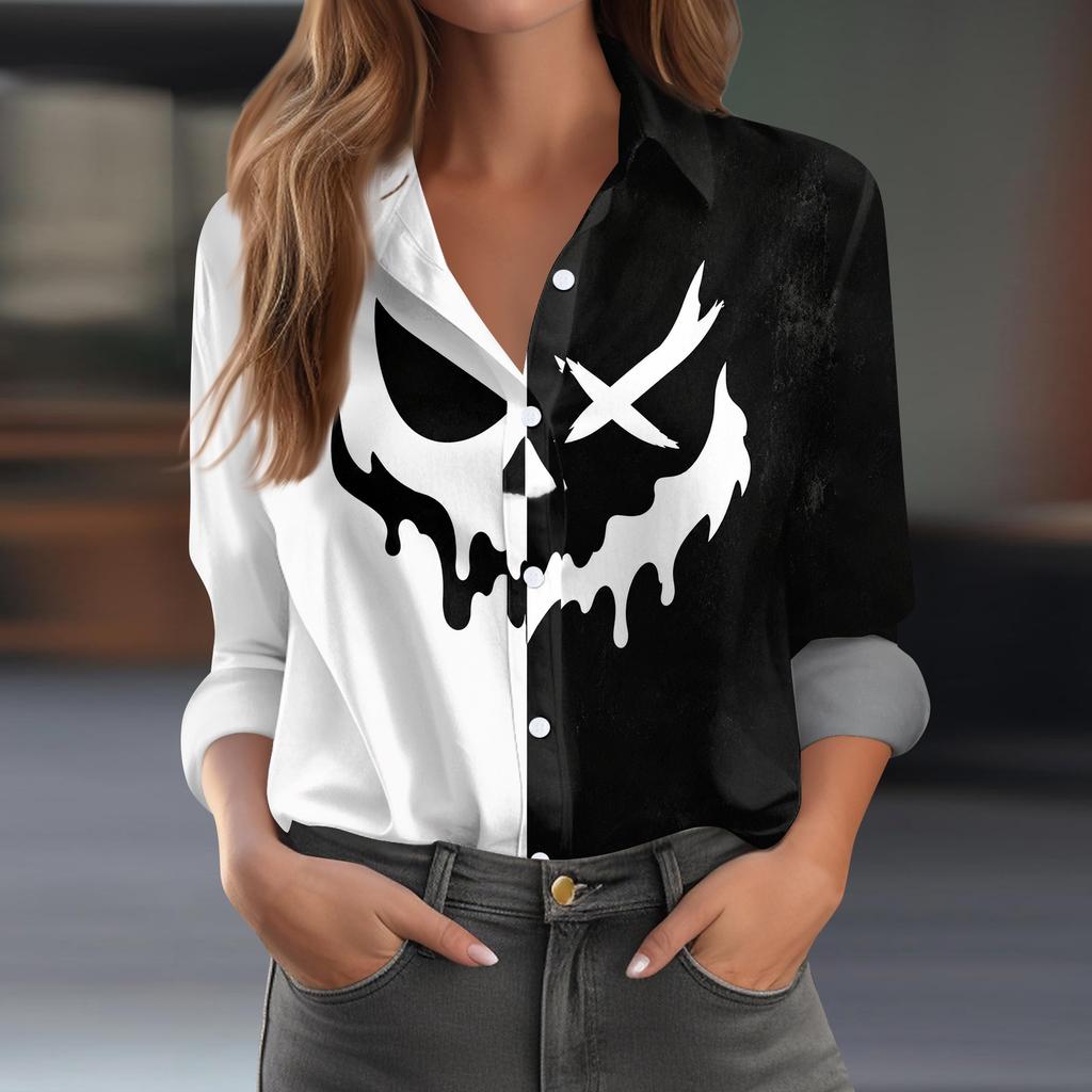 Women's Long Sleeve Button Down Shirt Casual Halloween Print Top Blouse