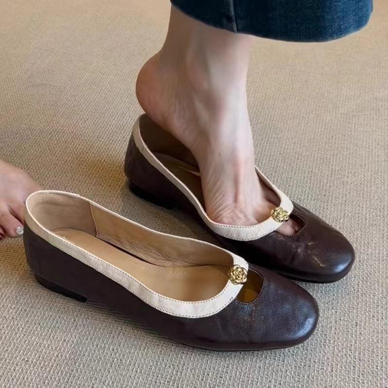Autumn retro camellia one-pedal Mary Jane's new round-headed commuting light-mouth single shoes
