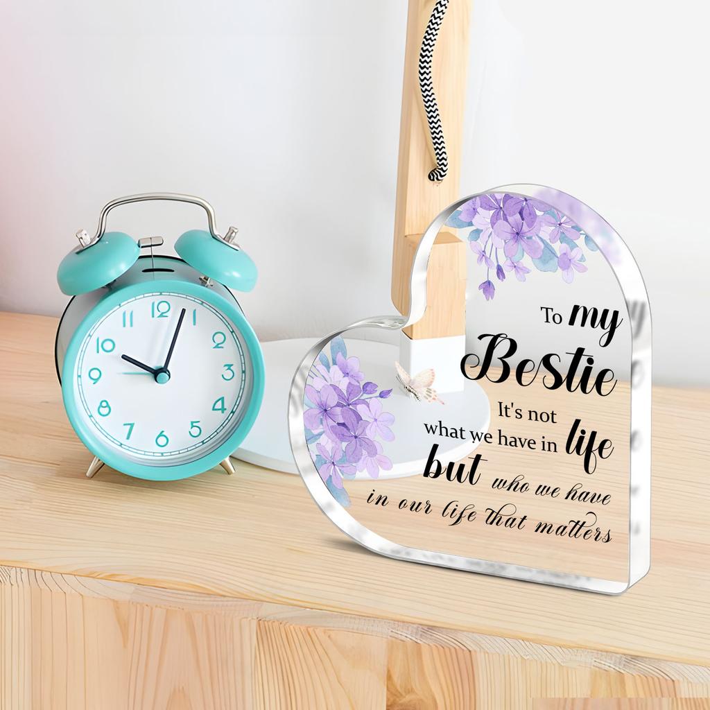 Acrylic Heart-Shaped Plaque with Inspirational Message & Purple Flowers, Universal Friendship Gift, for Desktop Decor