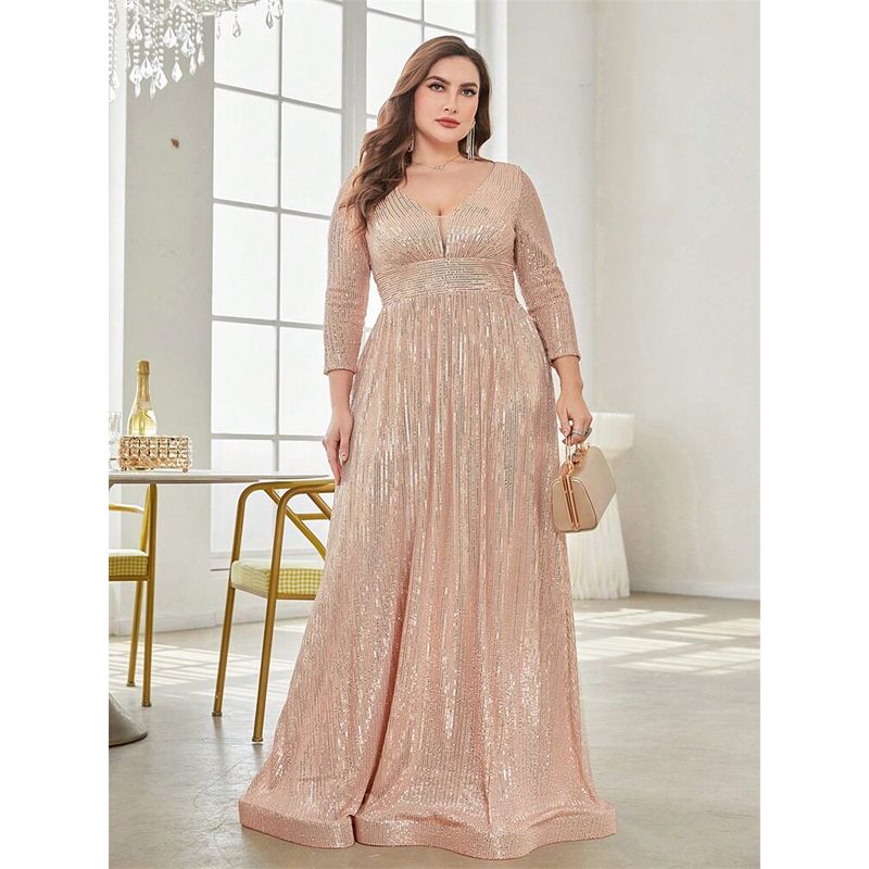 New Plus-Size Evening Dress with Sequins and Long Sleeves, Birthday Gown, Banquet Party Dress