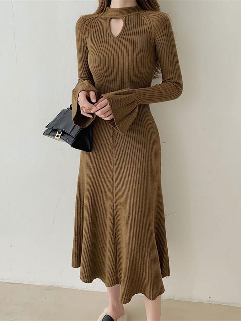 Women's Knitted Dress Long Sleeves Half Turtleneck Sweater Dress Hollow Fashion Clothing Autumn Winter