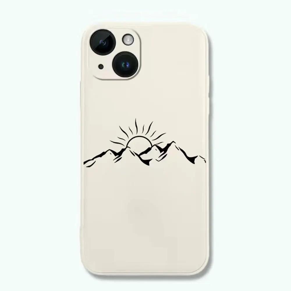 Line Mountain Scenery Phone Case for IPhone 16 15 Pro Max 13 12 11 XS MAX X 7 8 14 Plus Shockproof Simple Sun Moon Couples Cover