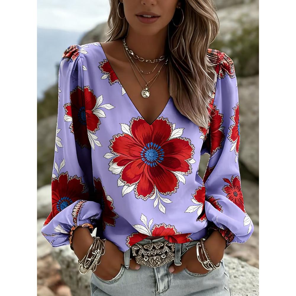 Essential for spring and summer, this V-neck long-sleeved style features floral prints. It is elegant and fitted, perfect for dates and vacations.