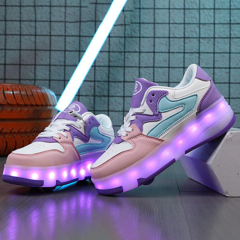 29-40 Zapatos Deportivos Planos Desmontables de Cuatro Ruedas para Niños Zapatos Deportivos Luminosos LED Recargables Patines de Cuatro Ruedas