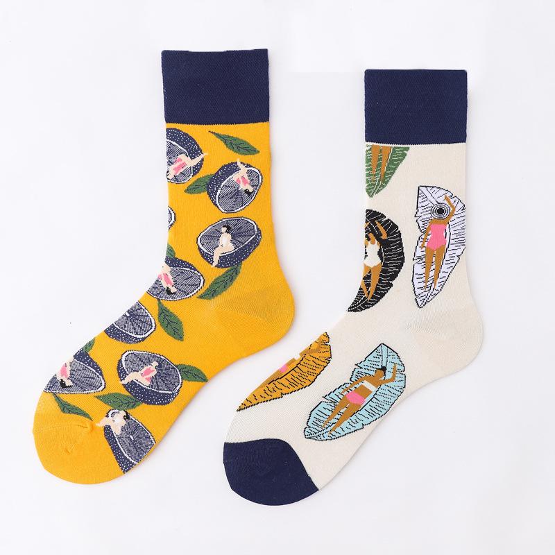 Personalized Cartoon AB Mismatched Socks Fashion Crew Couple Cotton Socks Women's Fancy Flower Fruit Tiger Print Funny Socks