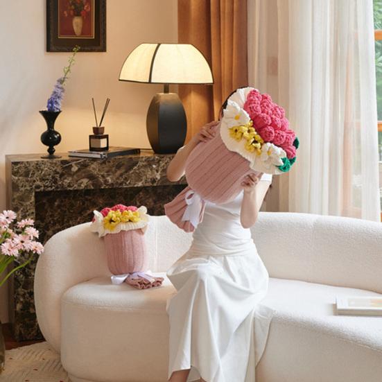 Rose Bouquet Throw Pillow Decorative Knitted Flower Pillow Couch Bed Throw Cushion Gift for Valentine's Day Mother's Day Christmas