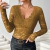 Women Tops Solid Color V-Neck Long Sleeve Shirt See-through Embroidery Lace Flower Pattern Casual Shirt