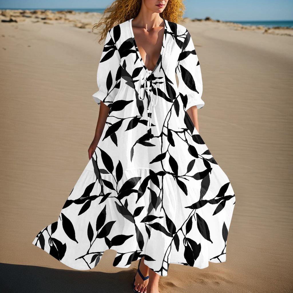 Women's Summer Fashion V-neck Retro Floral Print Short Sleeved Beach Dress With Lace Patchwork Dress